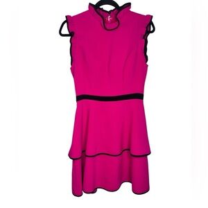 Jovani Hot Pink Black Fit and Flare Knee Length Stretch Flutter Sleeve Dress 4